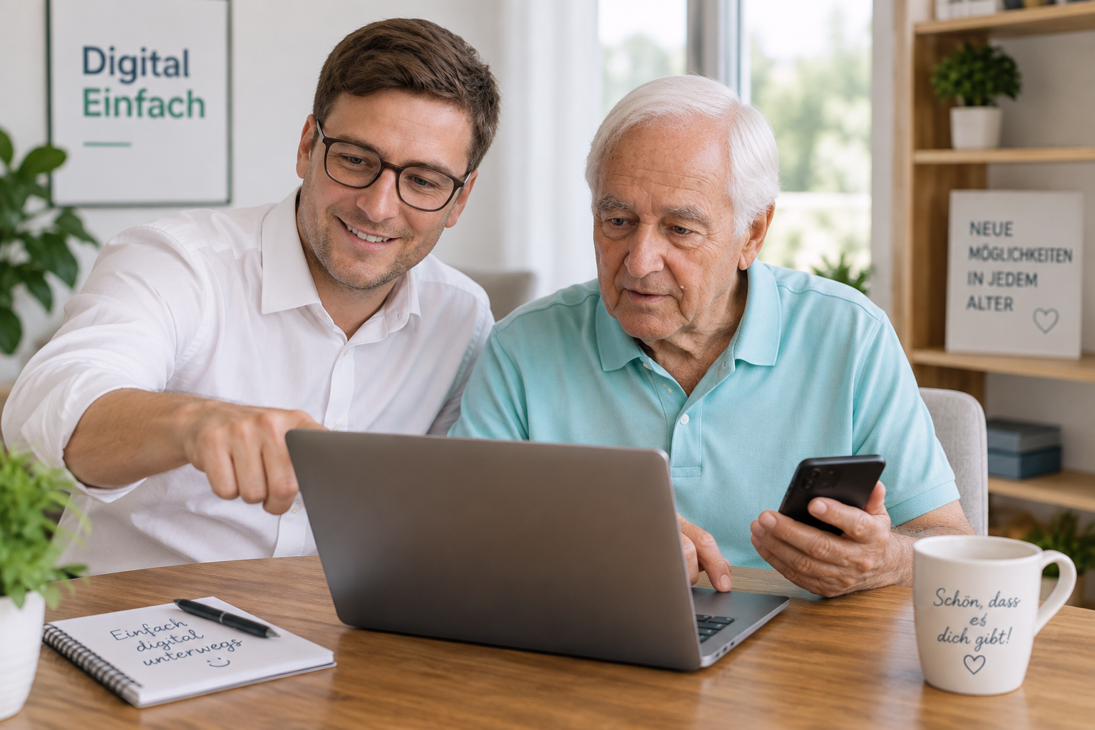 Beratungsgespräch am Tisch mit Laptop und Smartphone